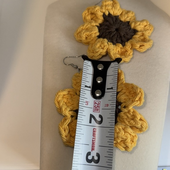 Sunflower Crochet Earrings Pierced w French Hooks Yellow & Brown - Picture 7 of 7